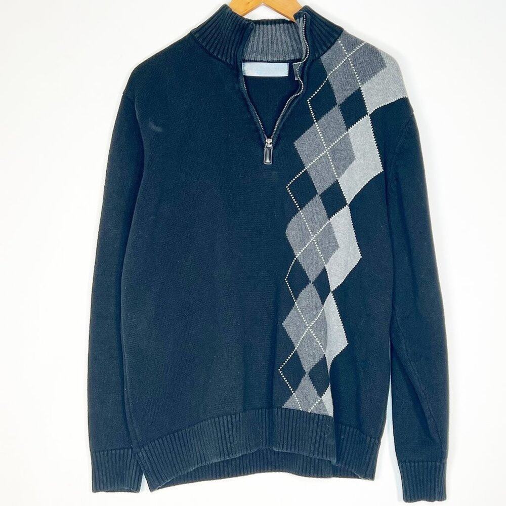 Oscar De La Renta Black & Grey 100% Cotton Argyle 1/4-Zip Sweater Mens L